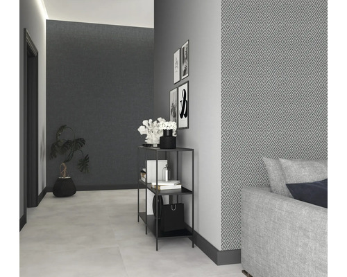 Flur mit gemusterter Tapete, Regal und Pflanze im Topf