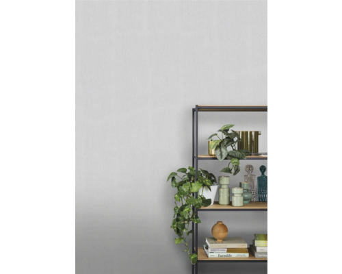 Dekoratives Regal mit Pflanzen und Dekorationselementen vor einer Wand