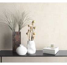 Dekorative Vasen mit Zierpflanzen und Kerze auf einem Regal