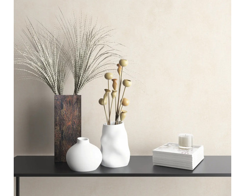 Dekorative Vasen mit Zierpflanzen und Kerze auf einem Regal