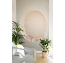 Wohnzimmer mit mondförmiger Hängematte, Kissen, Decke, Sofa und Topfpflanzen.