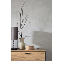 Dekorative Szene mit Tischleuchte, Vase mit Zweigen und Holzschale auf einer Kommode.