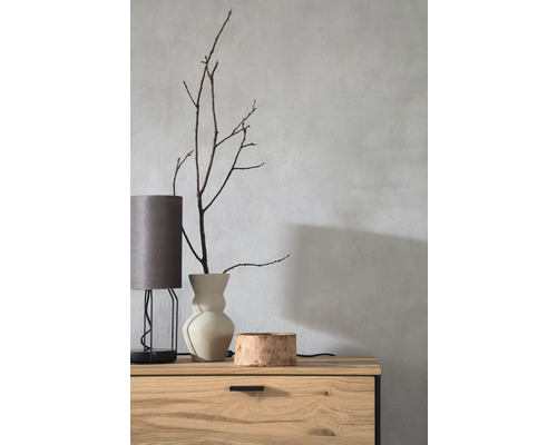 Dekorative Szene mit Tischleuchte, Vase mit Zweigen und Holzschale auf einer Kommode.