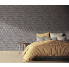 Chambre à coucher avec lit et décoration murale en écailles