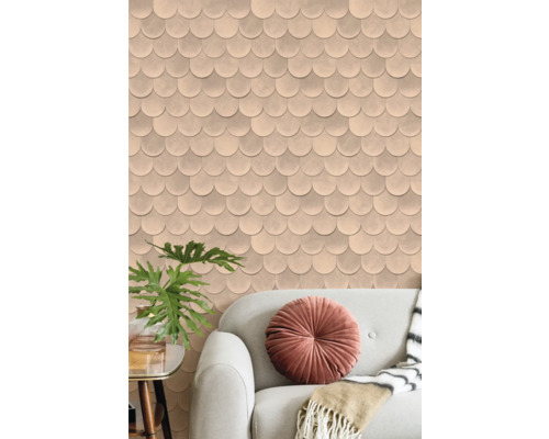 Séjour avec papier peint à écailles et canapé