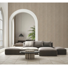 Salon avec canapé, table et panneaux muraux