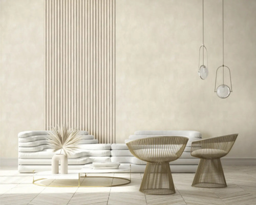 Salon lumineux avec canapé, chaises, table basse et suspensions