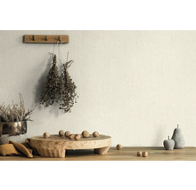 Dekorative Szene mit Pflanzen, Nüssen und Holzobjekten auf einem Tisch vor einer Wand