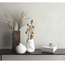 Dekorative Szene mit Vasen, Zierpflanzen, Kerze und Zeitschriften auf einem Tisch.