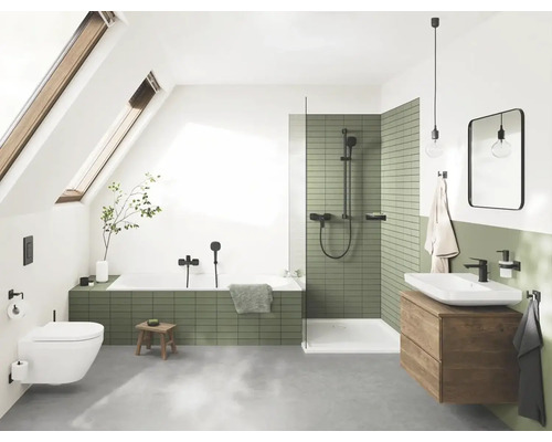 Salle de bains lumineuse avec fenêtre de toit, douche, baignoire, lavabo et toilettes