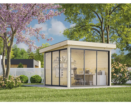 Pavillon Palmako Lenna Slide 8,3 m² Set 401 300 x 300 cm naturel Bureau de jardin moderne avec façade en verre et revêtement en bois dans le jardin.