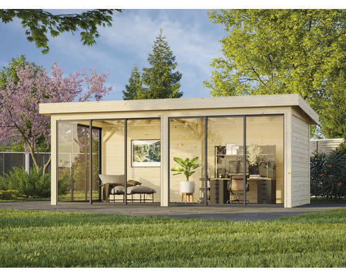 Pavillon Palmako Lenna Slide Plus 16,6 m² Set 702 588 x 300 cm naturel Abri de jardin moderne avec façade en verre, aménagé en bureau et espace de détente