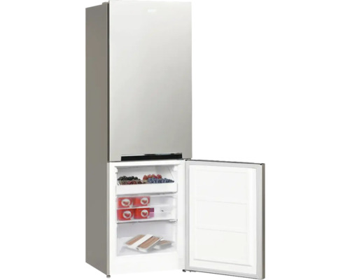 Kühl-Gefrierkombination mit geöffneter Gefrierschranktür, Innenraum mit Lebensmitteln gefüllt