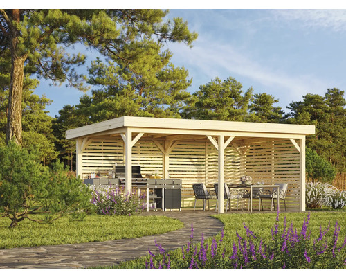 Holz Pavillon mit Grill, Esstisch und Gartenmöbeln in einem Garten