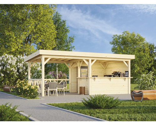 Pavillon Palmako Lenna 16,6 m² Set 310 inkl. Tresen, Rückwand und Geländer 588 x 300 cm tauchimprägniert Holz Gartenbar mit Kühlschrank, Sitzbereich und Bänken