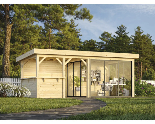 Abri de jardin avec véranda et façade en verre dans le jardin