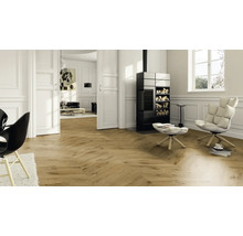Salon avec parquet, cheminée et fauteuils.