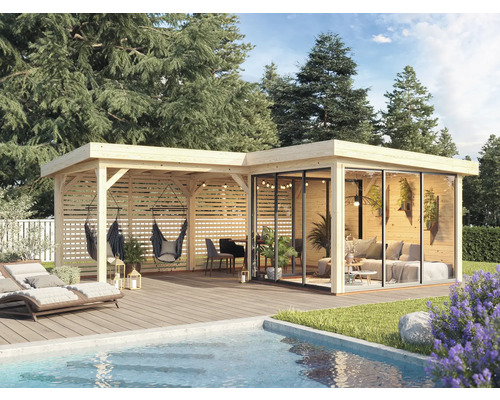 Scène de jardin avec pavillon, fauteuils suspendus, chaises longues et piscine