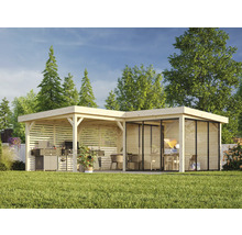 Pavillon de jardin en bois avec espace barbecue et annexe vitrée