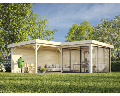 Abri de jardin en bois avec barbecue, bois de chauffage et sièges dans le jardin