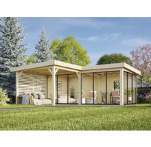 Pavillon de jardin en bois clair avec paroi partiellement fermée et façade en verre