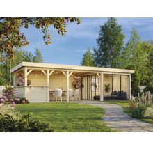 Pavillon de jardin en bois avec coin salon et paroi en verre