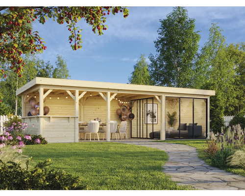 Pavillon de jardin en bois avec coin salon et paroi en verre