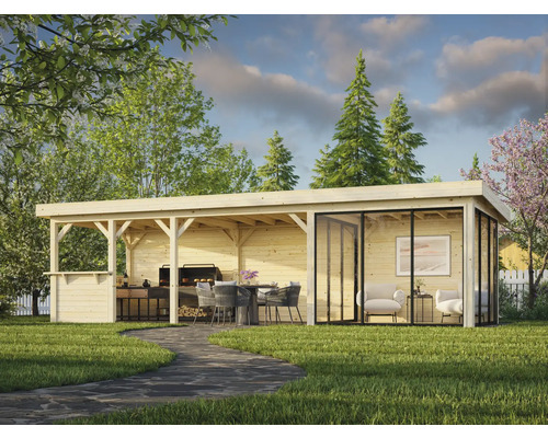 Pavillon Palmako Lenna Slide 24,9 m² Set 416 876 x 300 cm naturel Pavillon de jardin en bois avec coin barbecue et coin salon