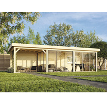 Abri de jardin en bois avec façade en verre et terrasse dans le jardin