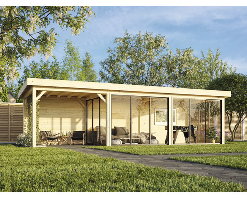 Abri de jardin en bois avec façade en verre et terrasse dans le jardin