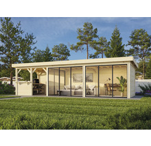 Abri de jardin avec terrasse, grandes façades vitrées et intérieur dans le jardin