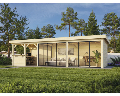 Abri de jardin avec terrasse, grandes façades vitrées et intérieur dans le jardin