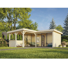 Maison de jardin moderne avec terrasse couverte et façades en verre dans un paysage de jardin.