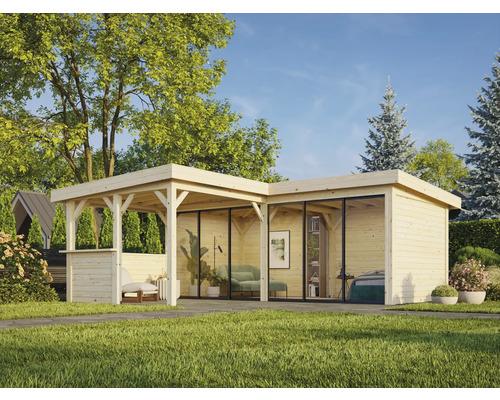 Maison de jardin moderne avec terrasse couverte et façades en verre dans un paysage de jardin.