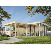 Maison de jardin en bois avec façade en verre et terrasse couverte sur pelouse
