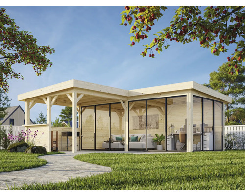 Maison de jardin en bois avec façade en verre et terrasse couverte sur pelouse