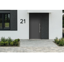 Fassade eines Hauses mit Haustür, Fenster und Hausnummer 21