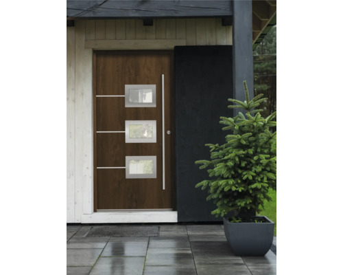 Porte d''entrée en bois avec trois fenêtres et une poignée de porte