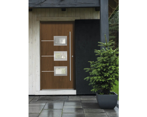 Porte d''entrée avec trois fenêtres et barre de préhension