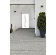 Moderne Haustür mit Glaseinsatz und langem Griff an einem Wohnhaus