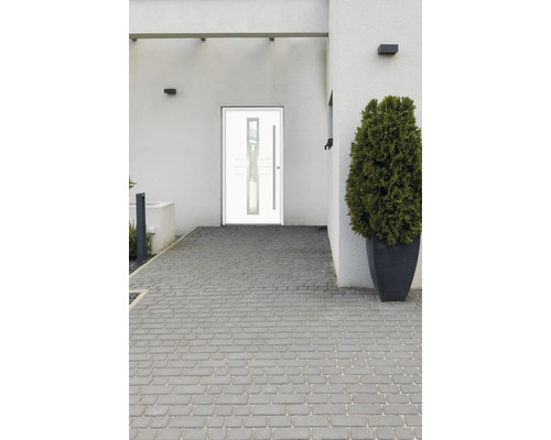 Moderne Haustür mit Glaseinsatz und langem Griff an einem Wohnhaus
