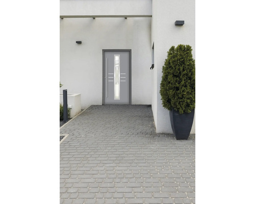 Moderne Haustür mit Glaseinsatz und Edelstahlgriff in einem hellen Gebäude.