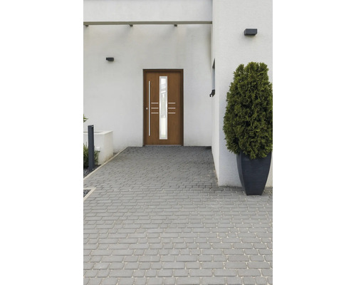 Eingangsbereich eines Hauses mit Pflastersteinen und einer Haustür mit Glaseinsatz