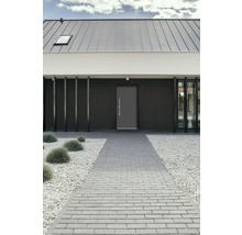Modernes Haus mit grauer Haustür, Steinfliesenweg und Kiesgarten