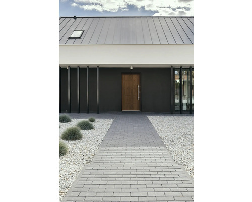 Vorderansicht eines modernen Hauses mit gepflastertem Weg, Kies und Holztür.