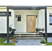 Entrée d''une maison avec porte d''entrée, marches et plantes