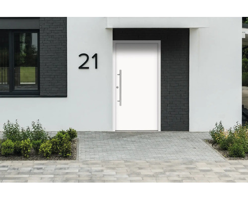 Moderne Hausfassade mit Haustür, Hausnummer 21 und Pflasterweg.