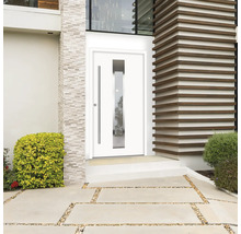 Porte d''entrée moderne avec insert en verre et poignée latérale dans une maison claire