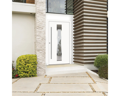 Porte d''entrée moderne avec insert en verre et poignée latérale dans une maison claire