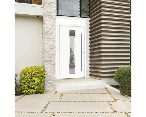 Porte d''entrée moderne avec insert en verre et poignée en acier inoxydable dans une entrée de maison